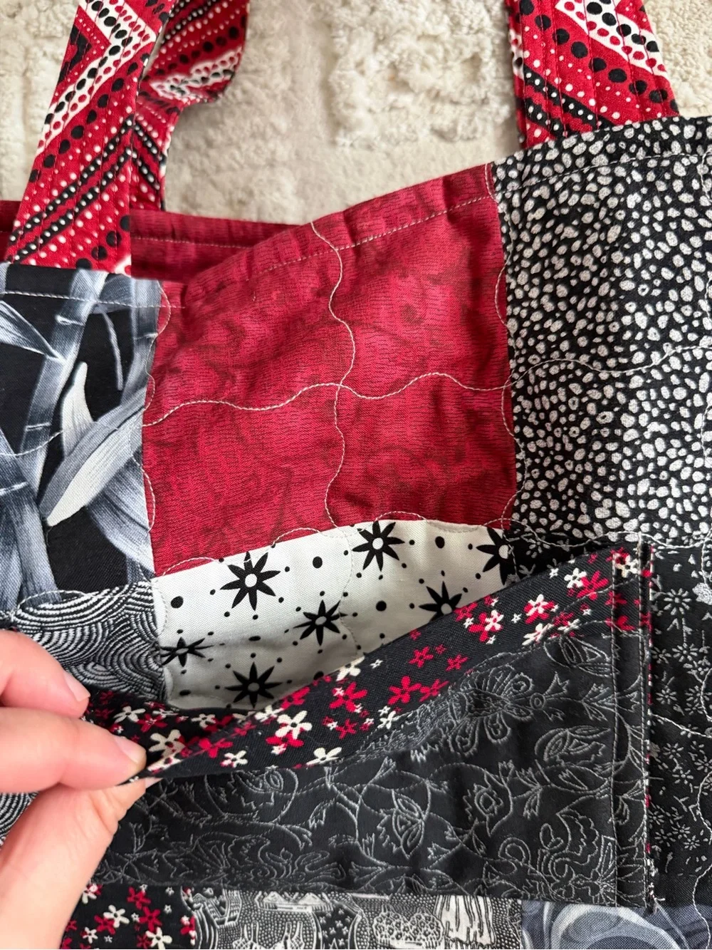 Patchwork Boho Tote Bag Red Black White Mixed Print Eclectic